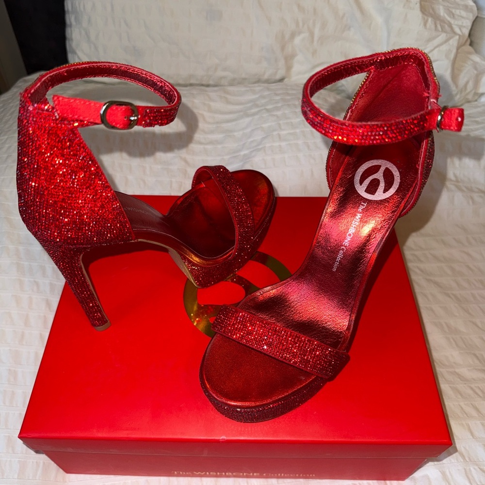 Red Rhinestone Stiletto Platform Heels with Ankle Strap | 7.5 - Picture 5 of 9
